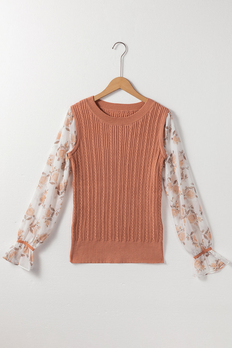 *WEBSITE EXCLUSIVE* Floral Patchwork Ruffled Cuff Sleeve Cable Knit Sweater