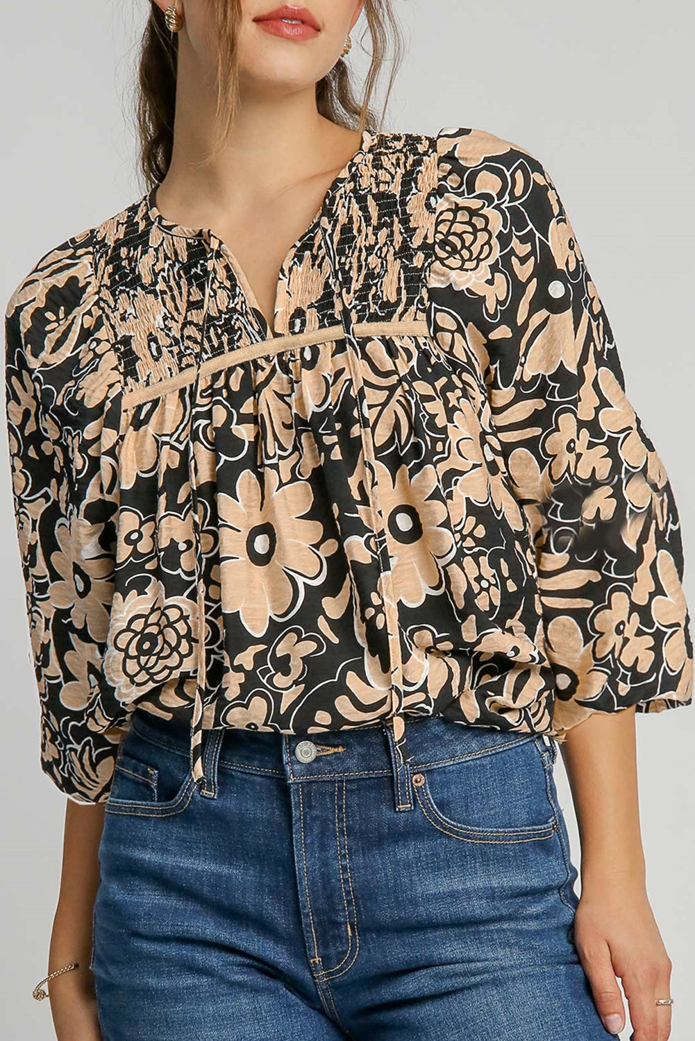 *Website Exclusive* Black Boho Floral Smocked V Neck Bracelet Sleeve Blouse