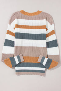 *Website Exclusive* Camel Ribbed Round Neck Color Block Knitted Sweater