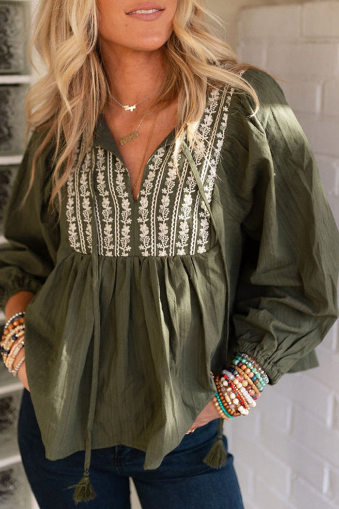 *WEBSITE EXCLUSIVE* Green Embroidered Split Neck Pleated Loose Blouse