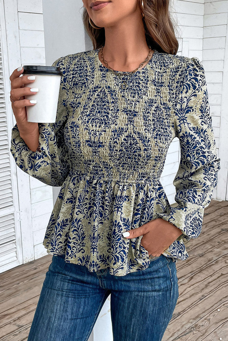 *WEBSITE EXCLUSIVE* Blue Smocked Peplum Blouse