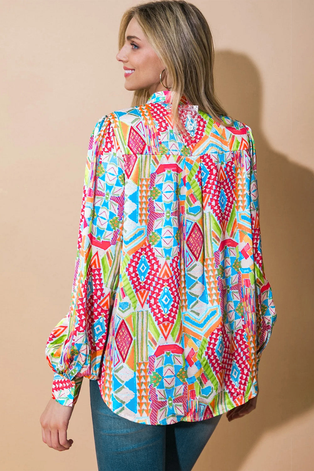 *WEBSITE EXCLUSIVE* Multicolour Abstract Print Button Lantern Sleeve Shirt