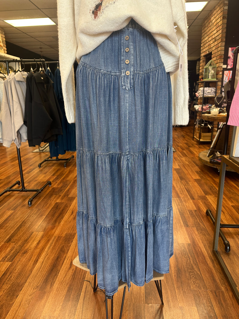 Chambray Tiered Maxi Skirt