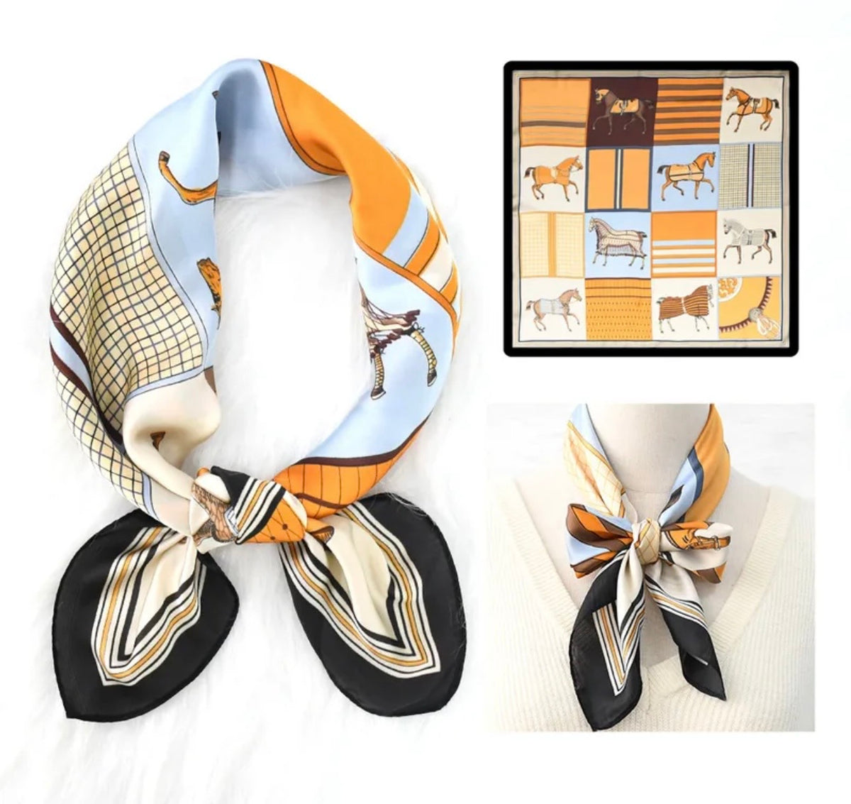 Orange/Baby Blue Horse Patchwork Scarf
