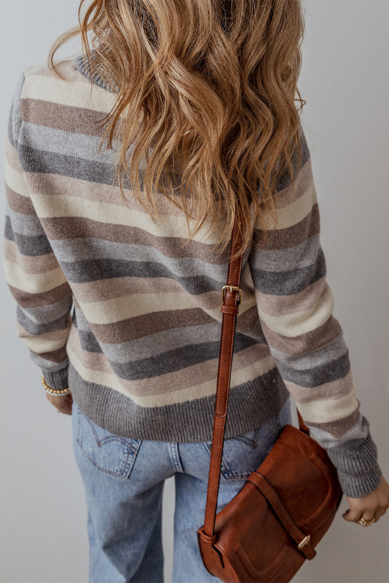 *WEBSITE EXCLUSIVE* Sarah Gray Striped Ribbed Edge Round Neck Sweater