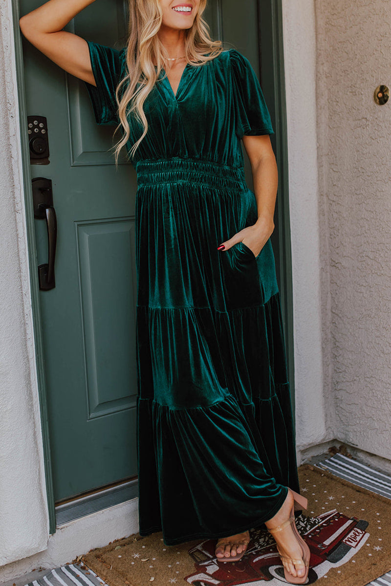 *Website Exclusive* Taylor Velvet Puff Short Sleeve Smocked Waist Tiered Maxi Dress