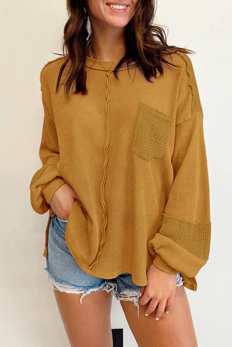 *Website Exclusive* Waffle Crinkle Patchwork Long Sleeve Top