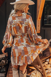 *WEBSITE EXCLUSIVE* Bettie Orange Boho Floral Puff Sleeve Smocked Waist Mini Shirt Dress