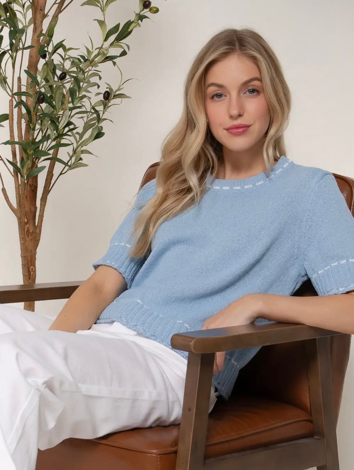 Blue Contrast Stitched Sweater