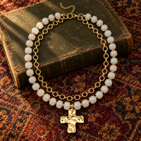 White Beaded Double Strand Cross Necklace
