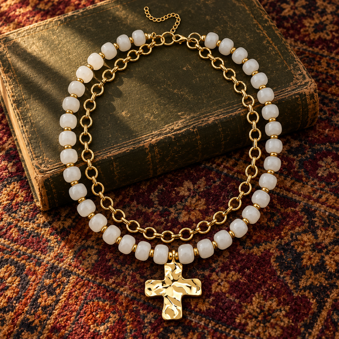 White Beaded Double Strand Cross Necklace