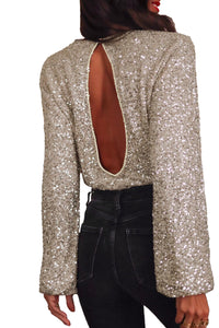 *WEBSITE EXCLUSIVE* Silver Sequin Puff Sleeve Cutout Back Blouse