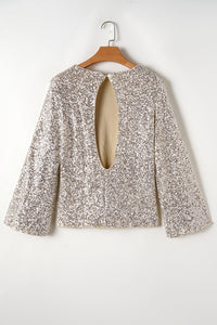 *WEBSITE EXCLUSIVE* Silver Sequin Puff Sleeve Cutout Back Blouse