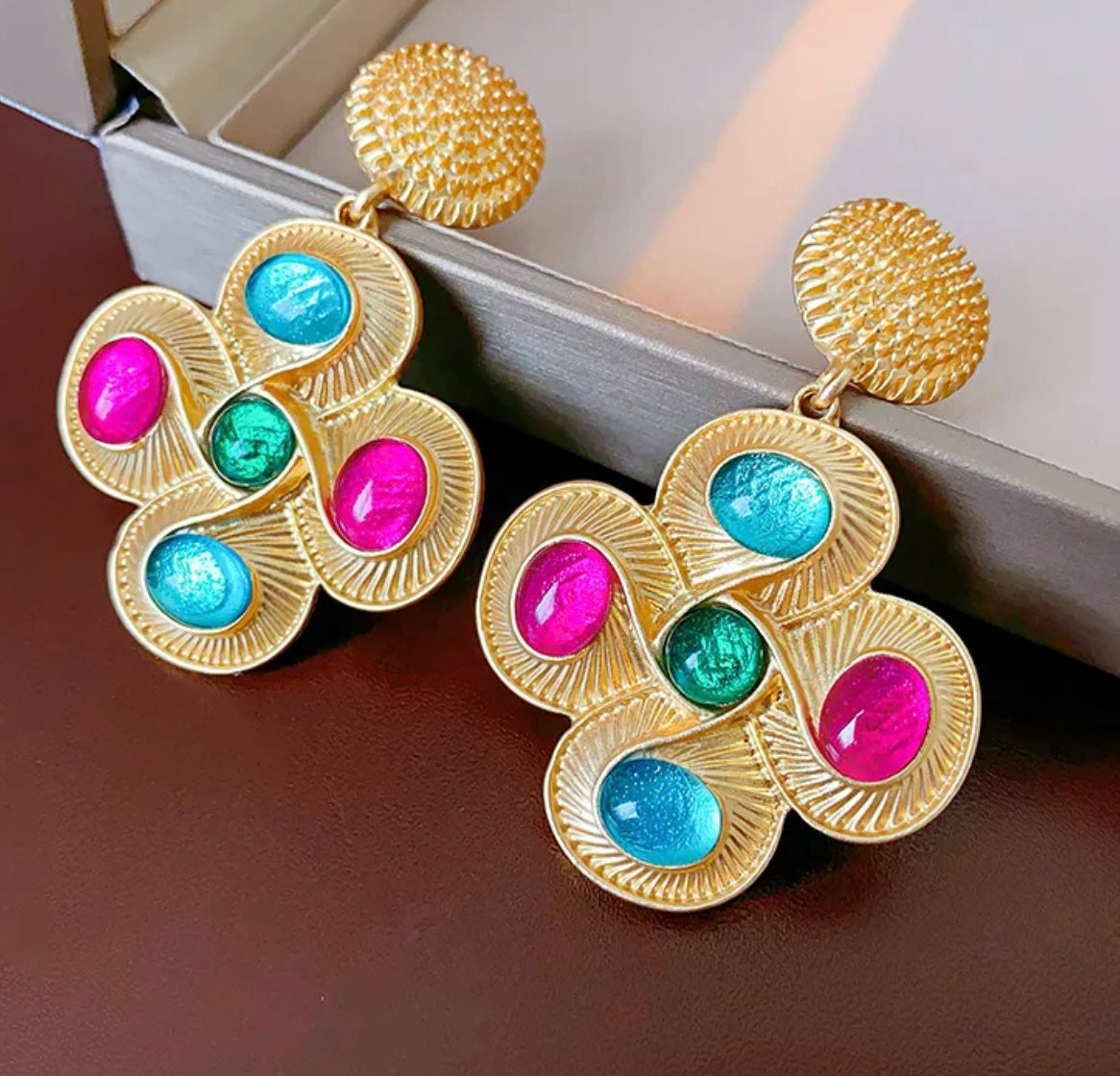 Large Green, Pink, & Gold Earrings (FW)