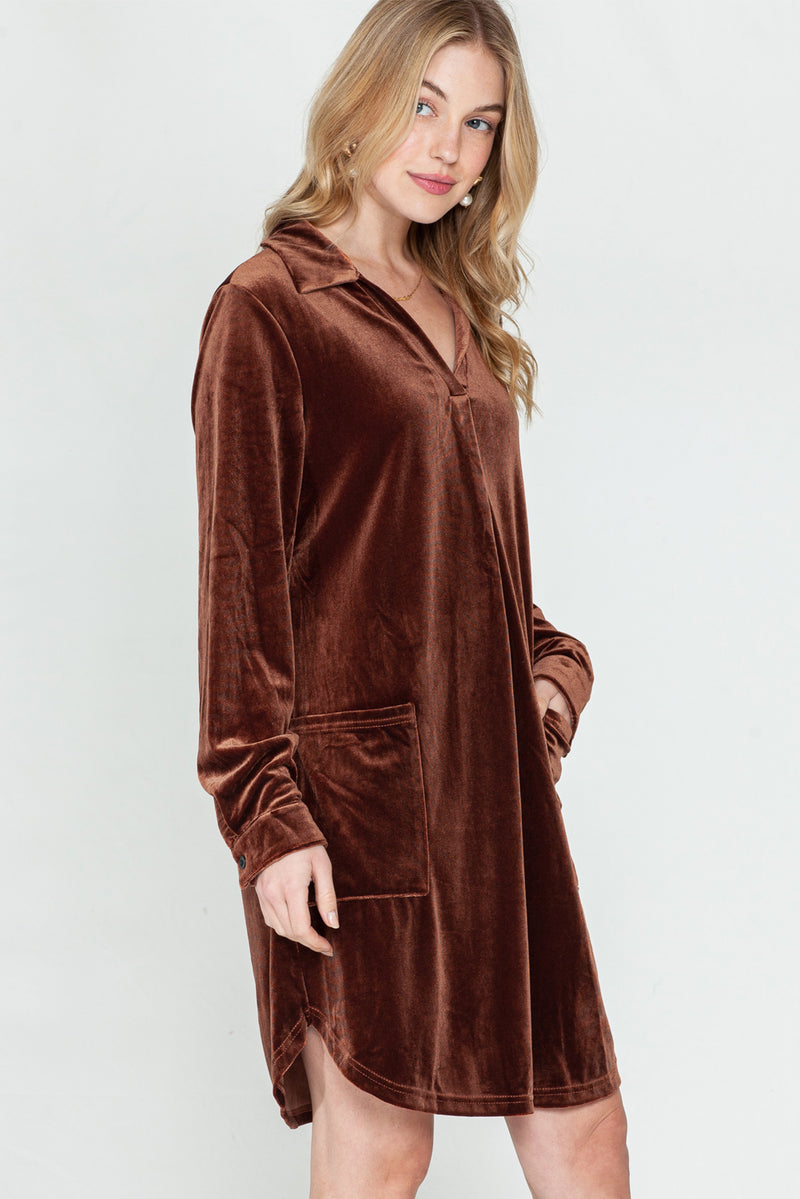 *Website Exclusive* Coffee Roll Tab Sleeve Collared V Neck Velvet Dress