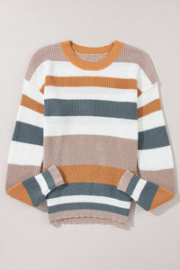 *Website Exclusive* Camel Ribbed Round Neck Color Block Knitted Sweater