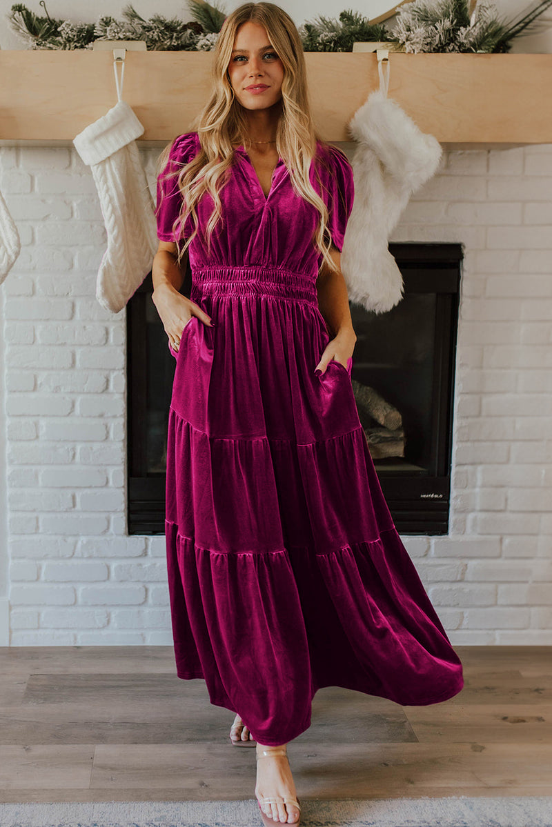 *Website Exclusive* Taylor Velvet Puff Short Sleeve Smocked Waist Tiered Maxi Dress