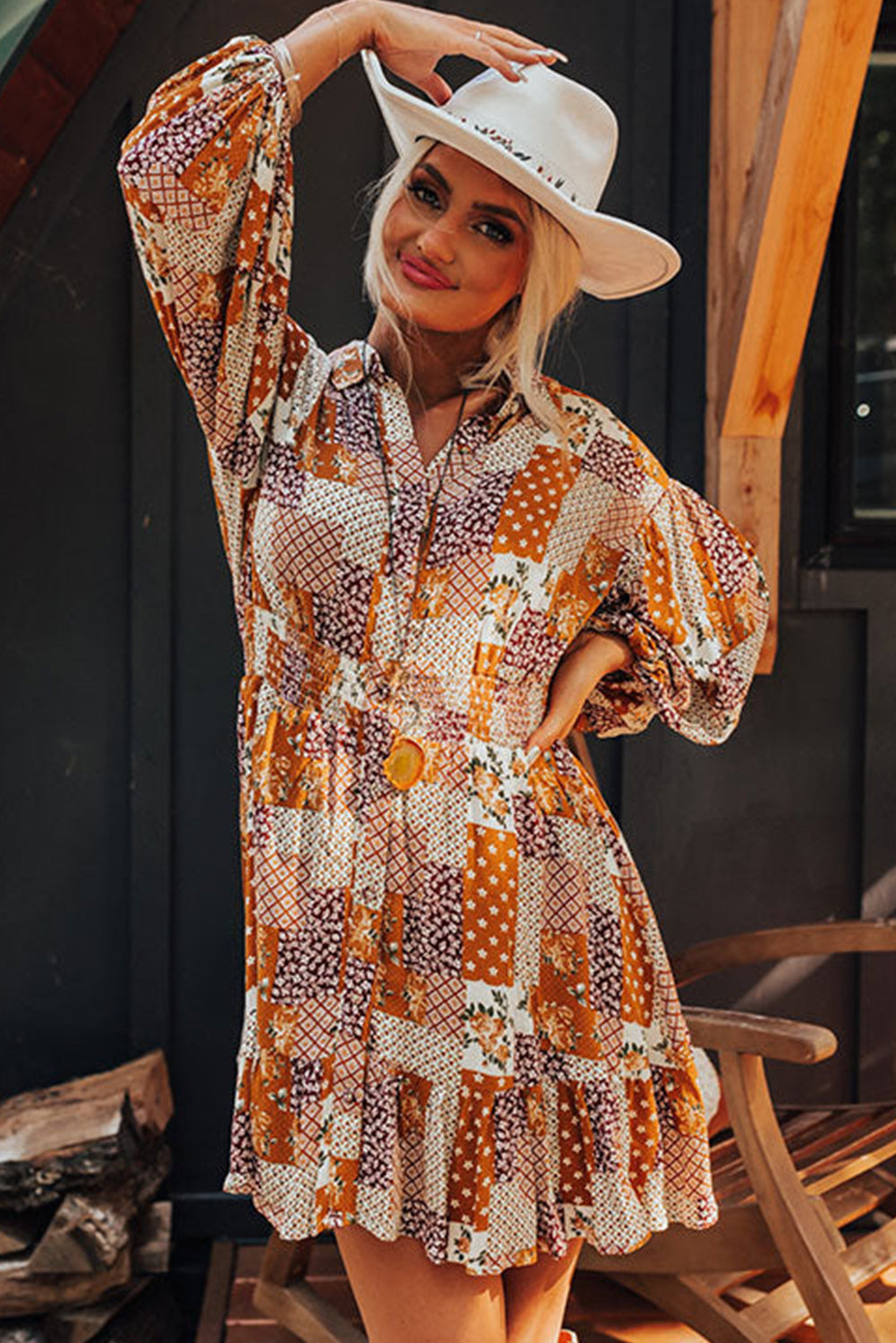 *WEBSITE EXCLUSIVE* Bettie Orange Boho Floral Puff Sleeve Smocked Waist Mini Shirt Dress