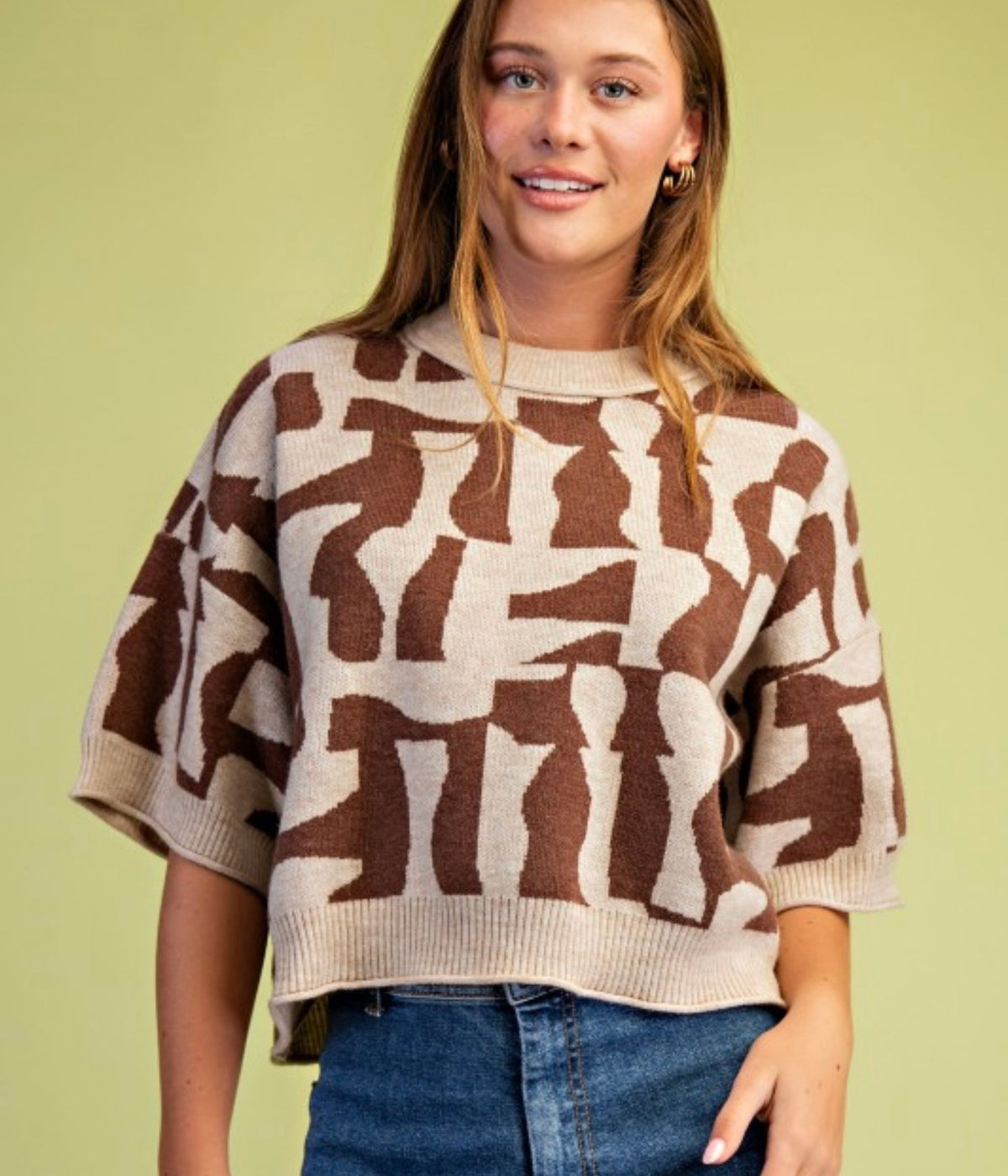 Brown Geometric Print Short Sleeve Sweater