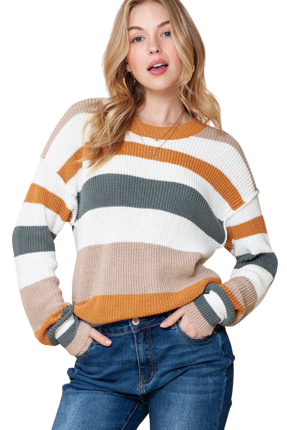 *Website Exclusive* Camel Ribbed Round Neck Color Block Knitted Sweater