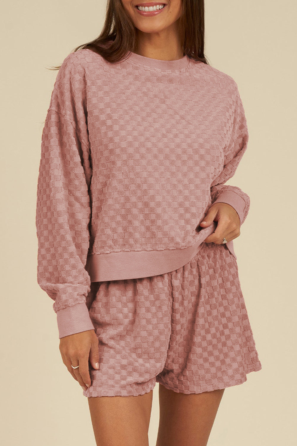 *Website Exclusive* Blossom Checkered Textured Long Sleeve Top and Shorts Set