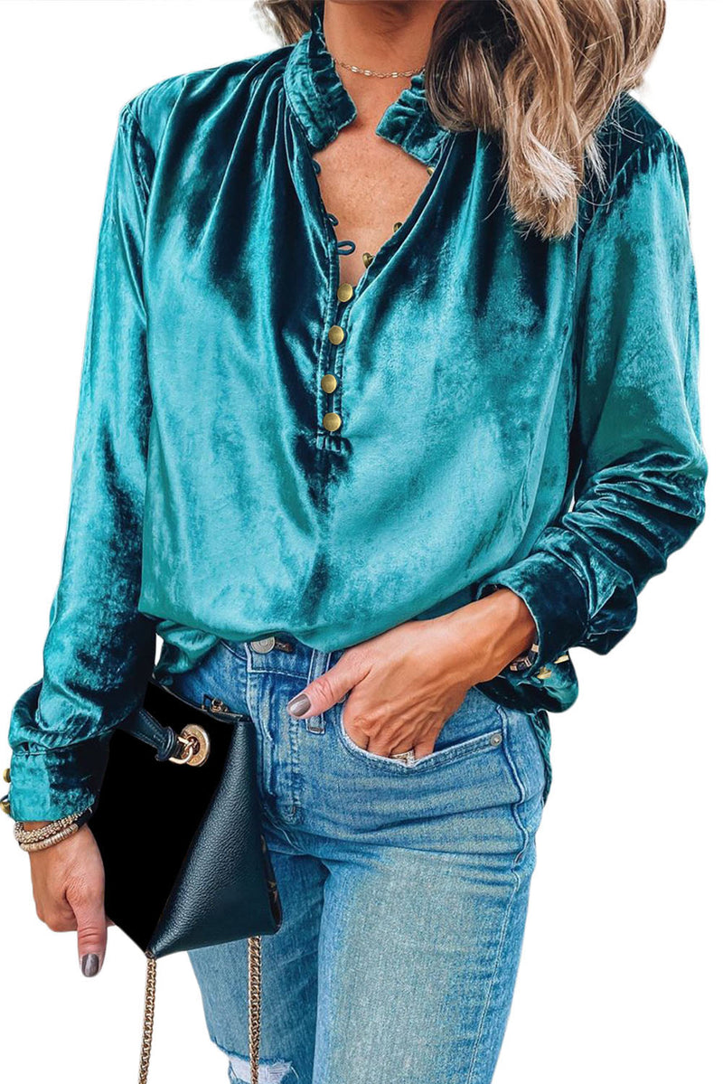 *Website Exclusive * Elle  Buttoned V Neck Velvet Blouse