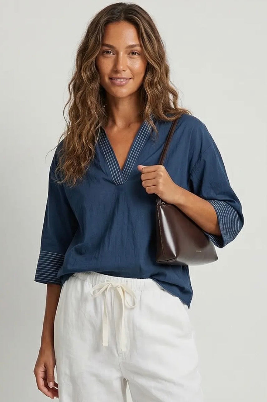 Blue Contrast Stitching Blouse
