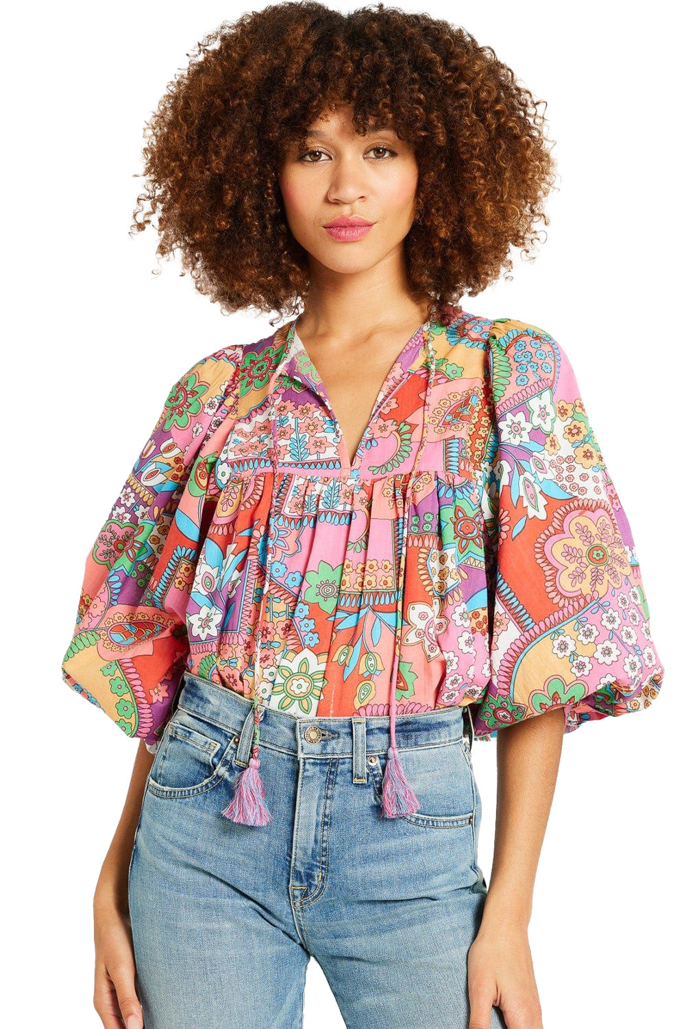 *WEBSITE EXCLUSIVE* Multicolour Boho Floral Tie V Neck Pleated Blouse