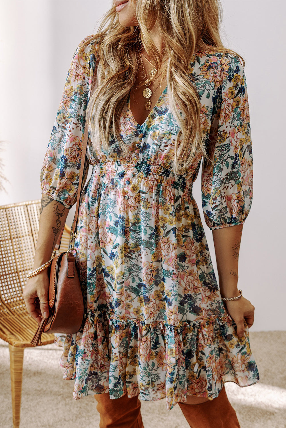 *WEBSITE EXCLUSIVE*  Floral 3/4 Sleeve V Neck High Waist Ruffled Dress