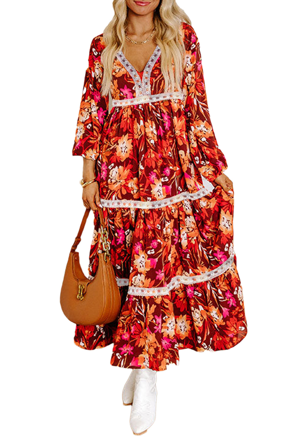 *Website Exclusive* Orange Floral Print Lace Trimmed Maxi Dress