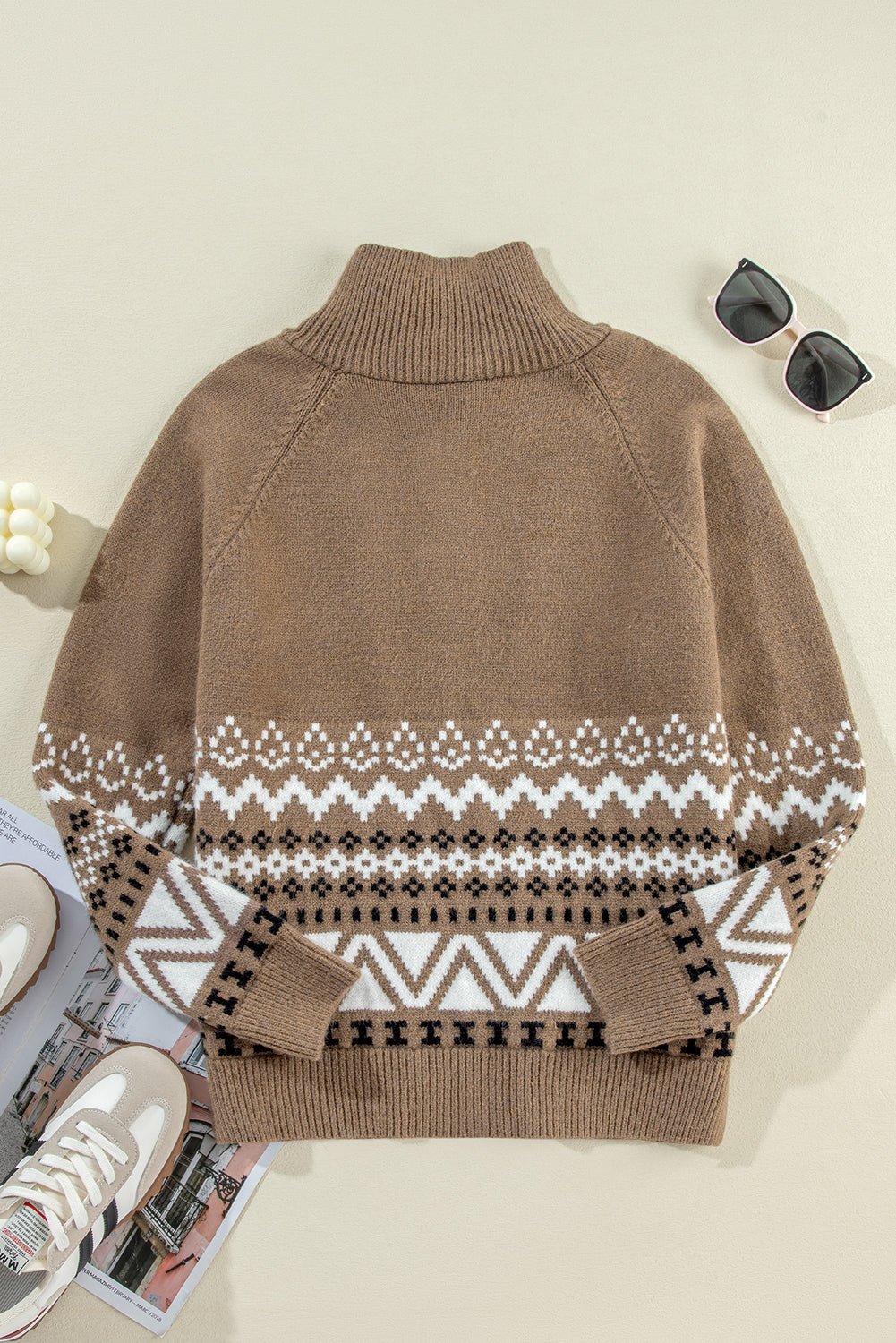 *Website Exclusive* Brown Geometric Print Ribbed Trim Zipper Collar Sweater