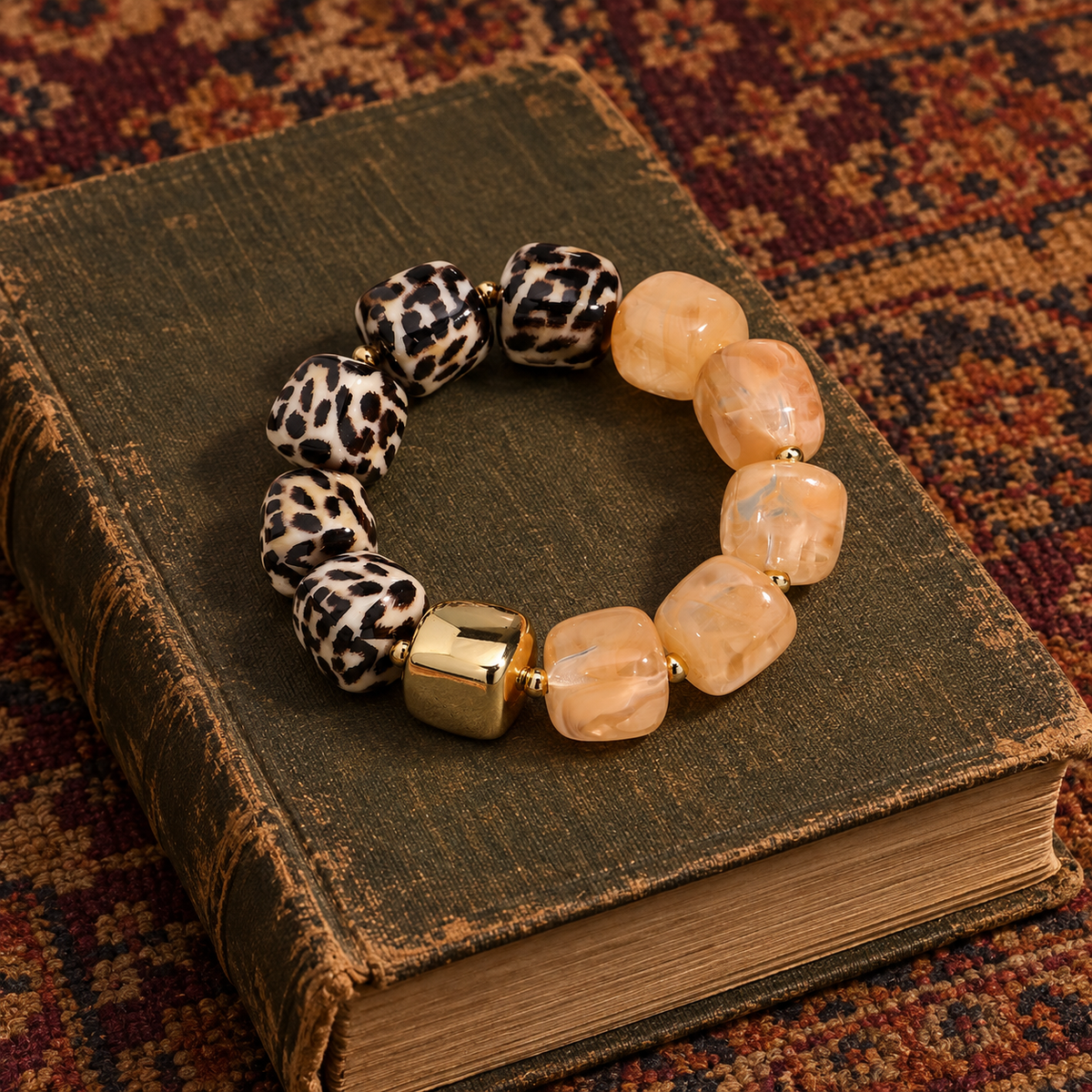 Leopard, Peach, & Gold Beaded Bracelet