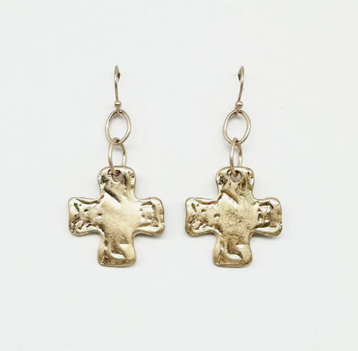 Hammered Gold Rounded Cross Earrings