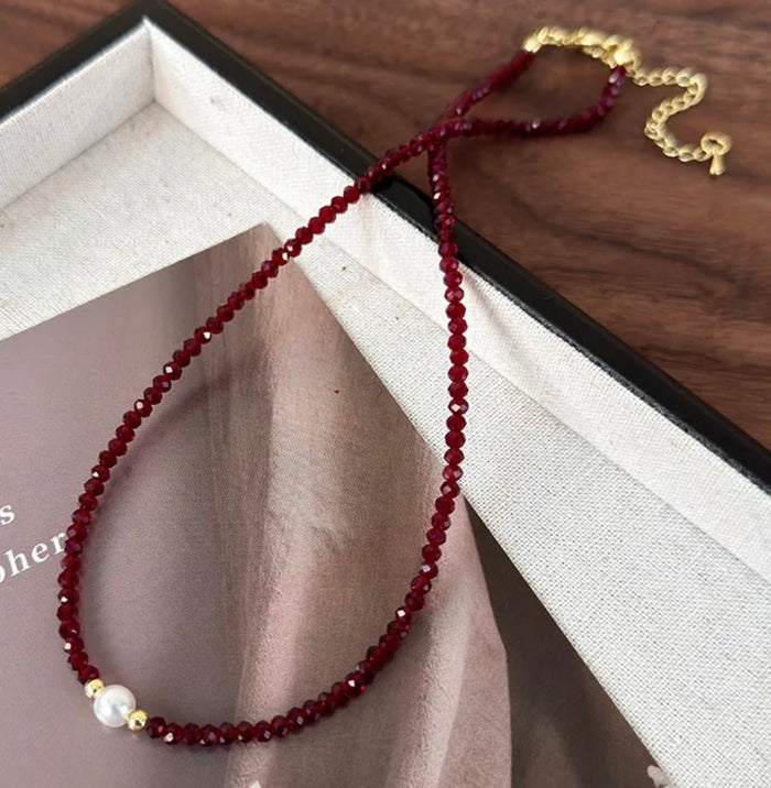 Burgundy Beaded Necklace with Single Pearl (FW)