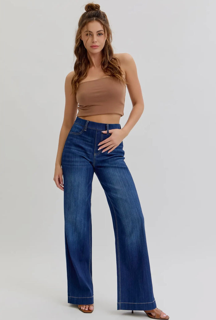 Dark Denim Wide Leg Pull On Jeans