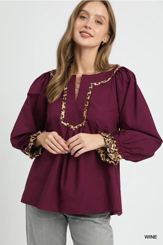 Leopard Trimmed Wine Blouse