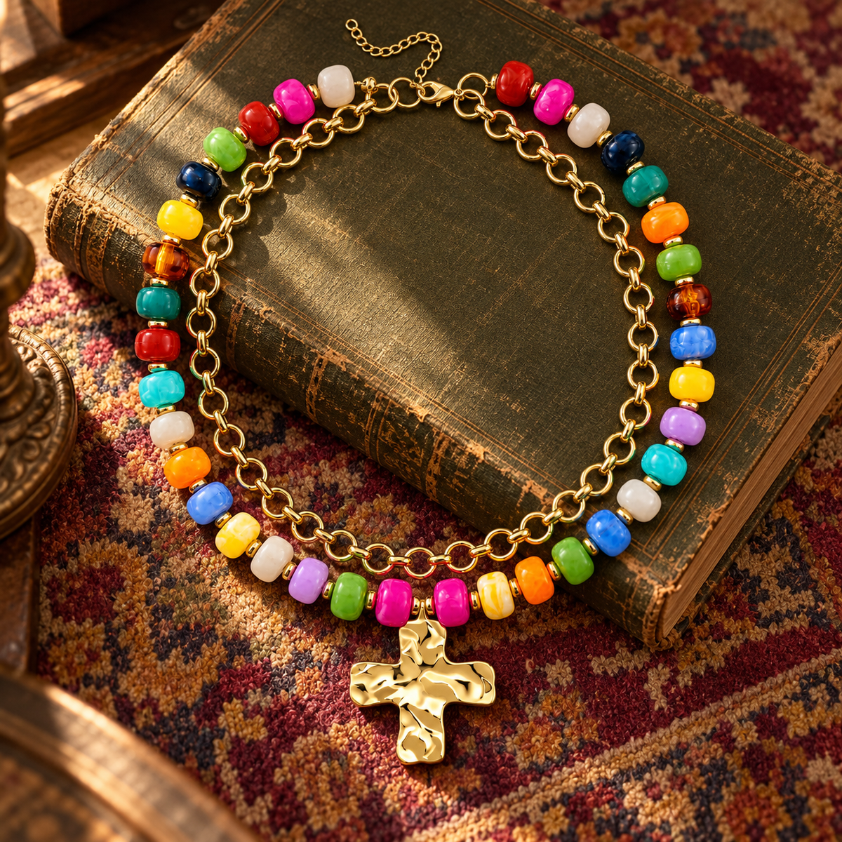 Multicolor Bead Cross Double Necklace