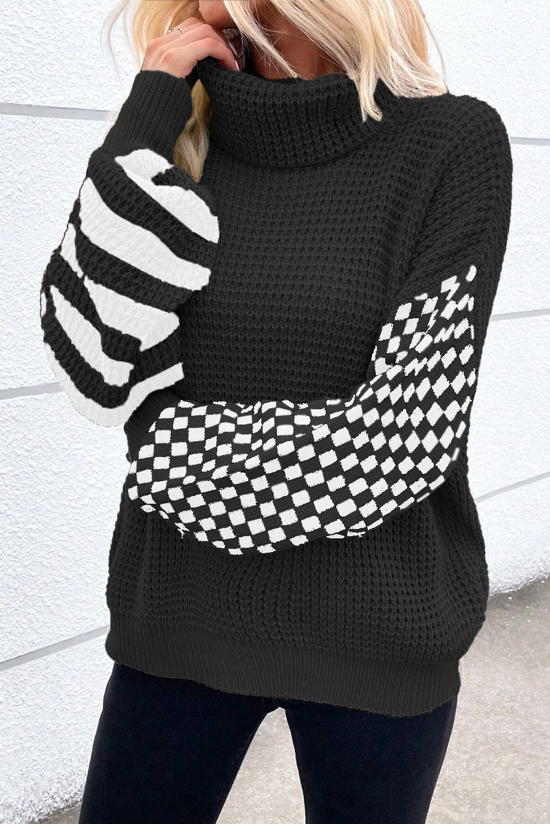 *Website Exclusive * Striped Checked Patchwork Waffle Knit Turtleneck Sweater