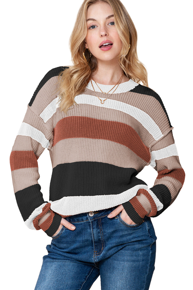 *Website Exclusive* Camel Ribbed Round Neck Color Block Knitted Sweater