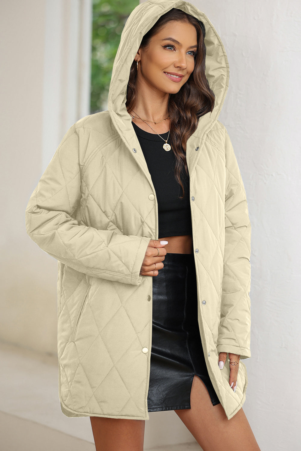 *Website Exclusive* Beige Quilted Snap Button Hooded Puffer Coat