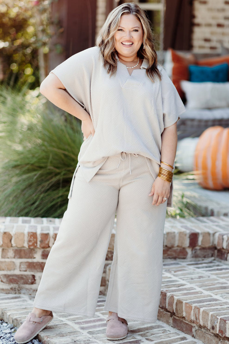 *WEBSITE EXCLUSIVE* Beige Plus Size Textured Collared Top and Drawstring Pants Set