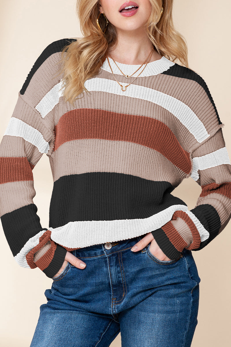 *Website Exclusive* Camel Ribbed Round Neck Color Block Knitted Sweater