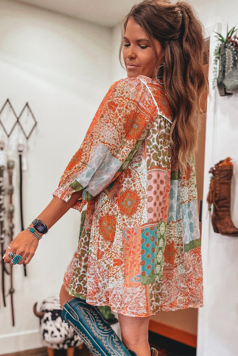 *Website Exclusive* Orange Boho Paisley Mixed Print 3/4 Sleeve Chiffon Loose Dress