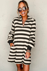 *Website Exclusive* Stripe Pocketed Collared V Neck Loose Fit Mini Dress