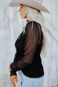 *WEBSITE EXCLUSIVE* Black Dotty Lace Long Sleeve Mock Neck Sheer Top