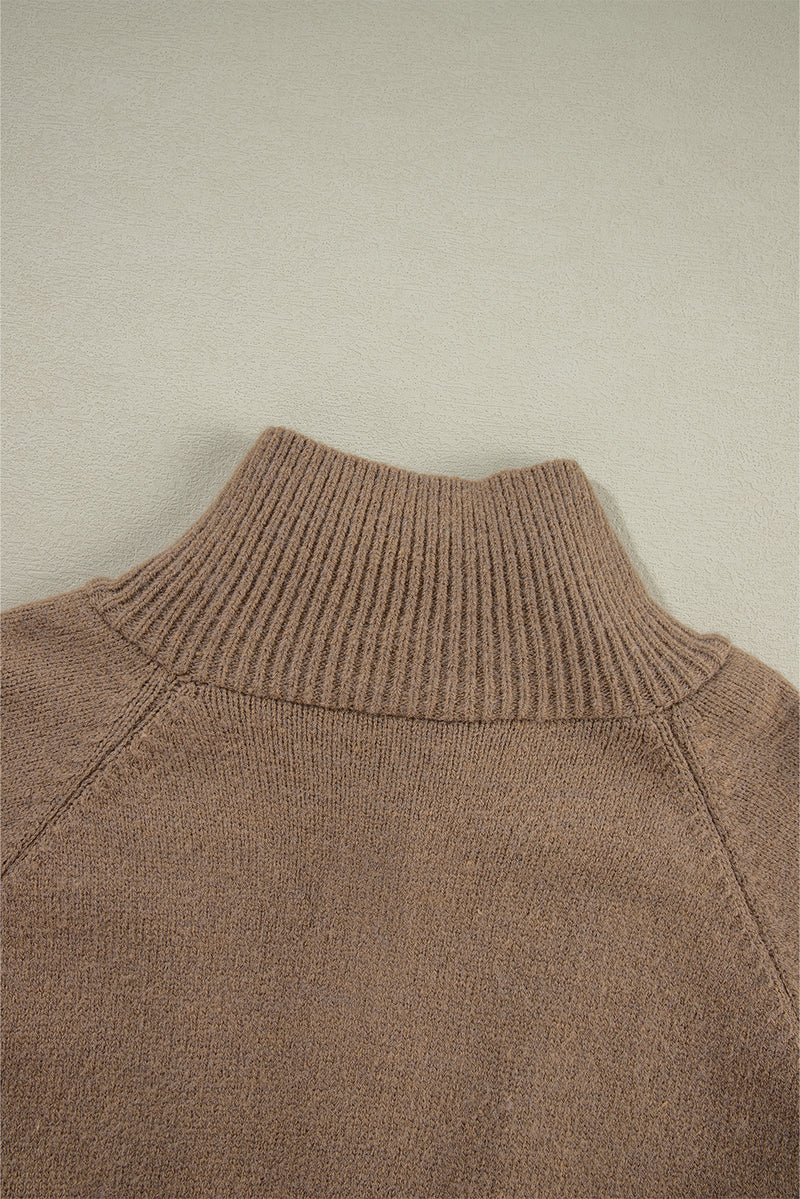 *Website Exclusive* Brown Geometric Print Ribbed Trim Zipper Collar Sweater