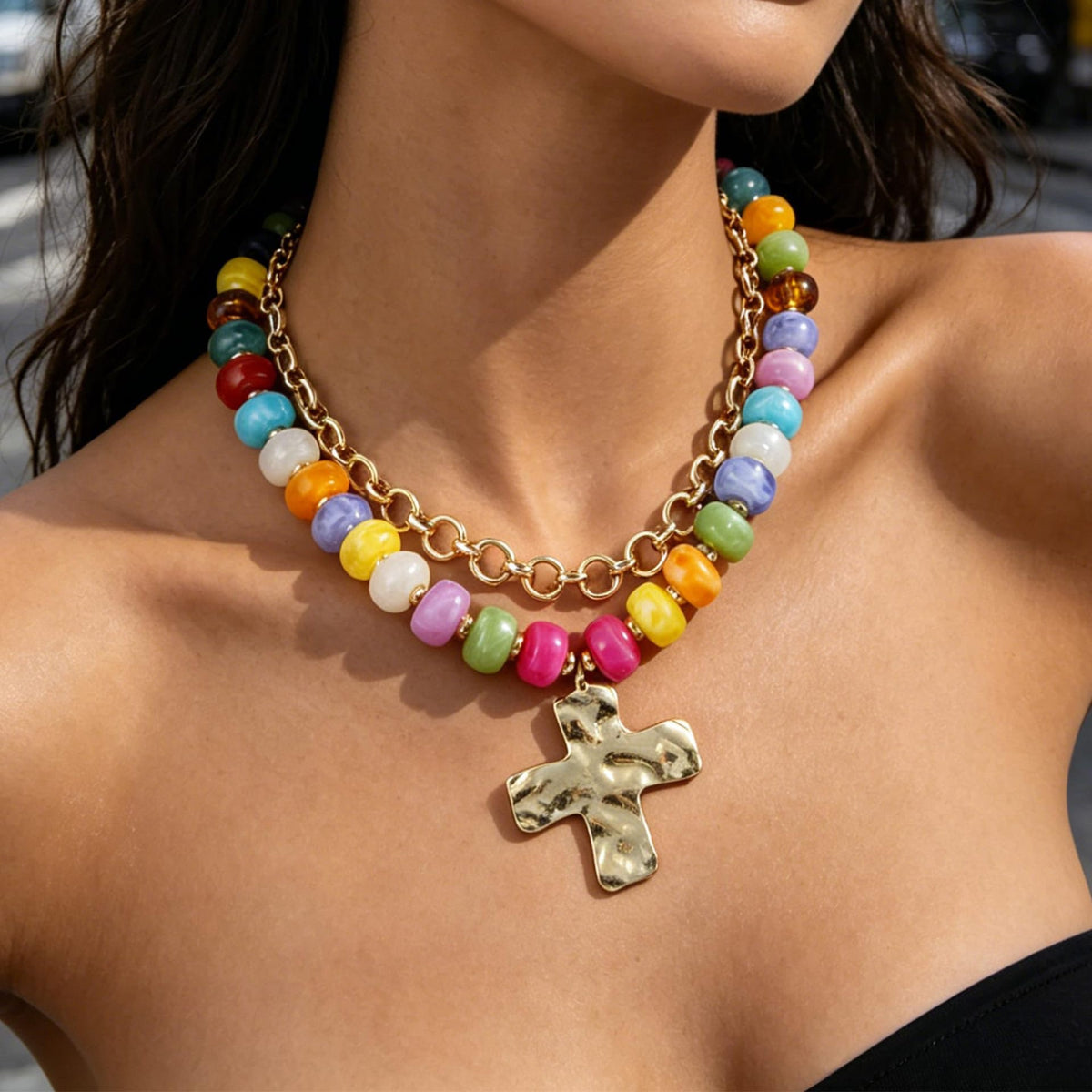 Multicolor Bead Cross Double Necklace