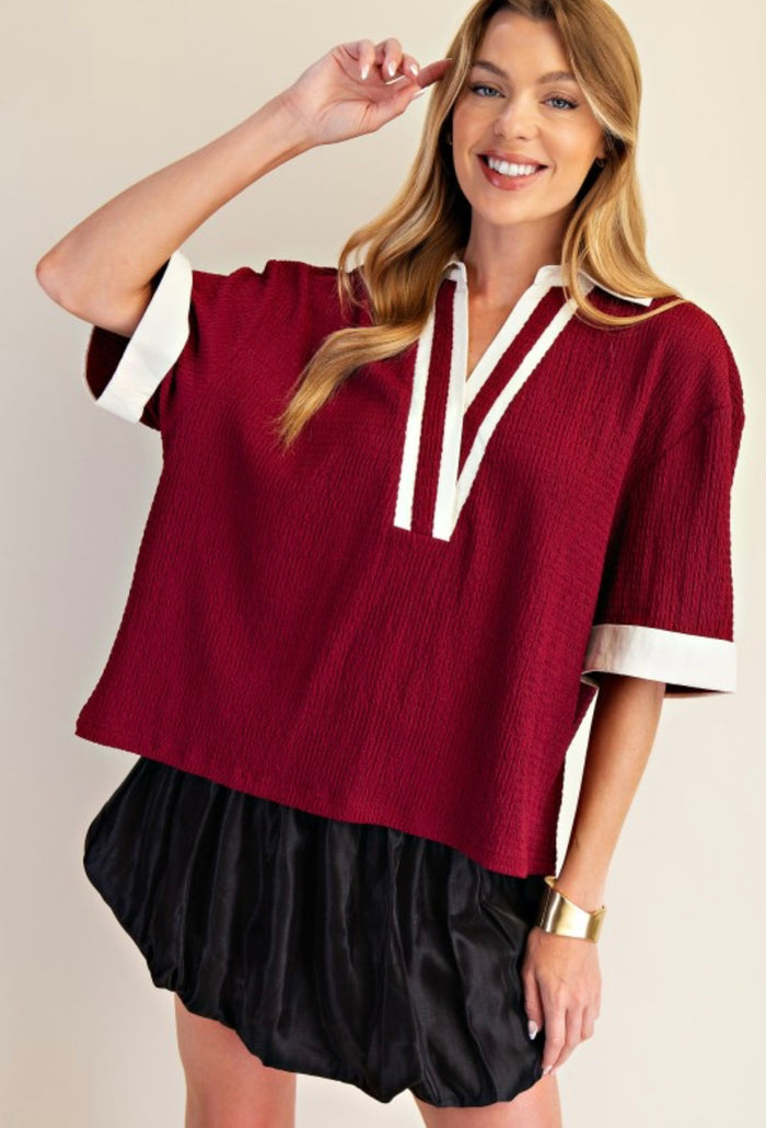 Wine Blouse with Off White Collar