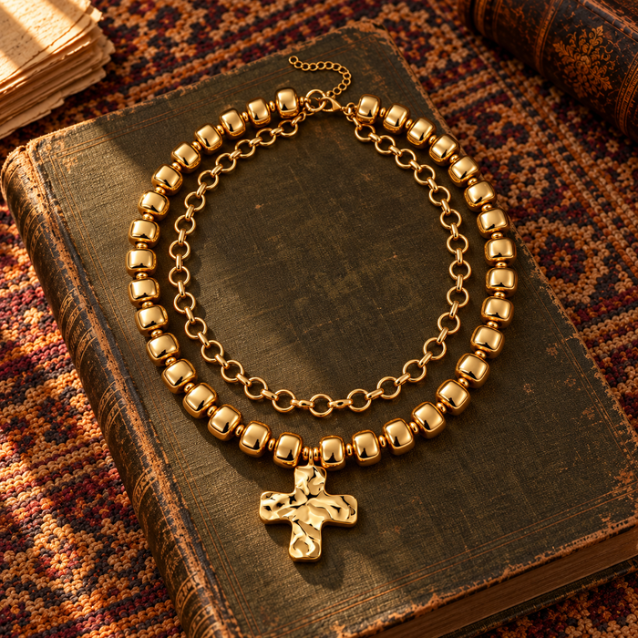 Gold Bead Cross Double Necklace