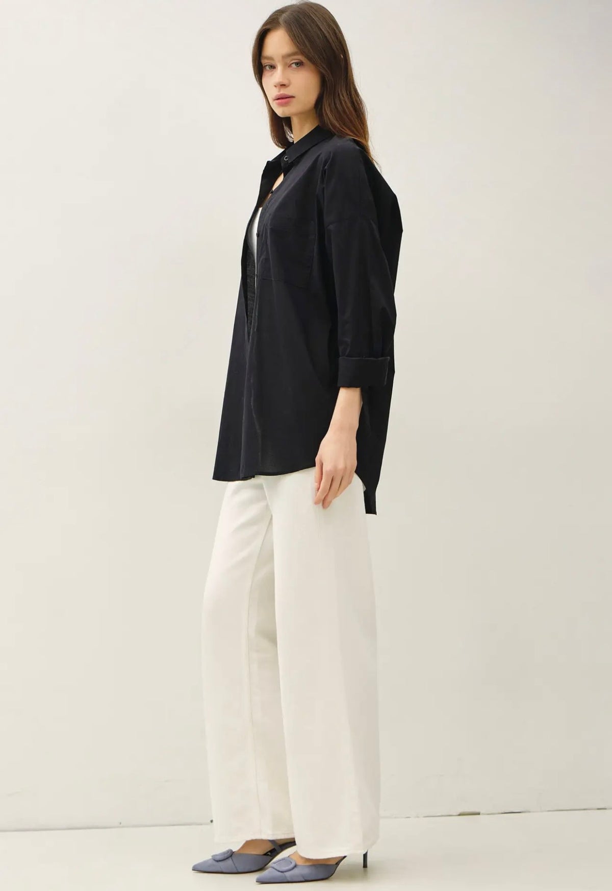 Black Button Up Rounded Hem Blouse